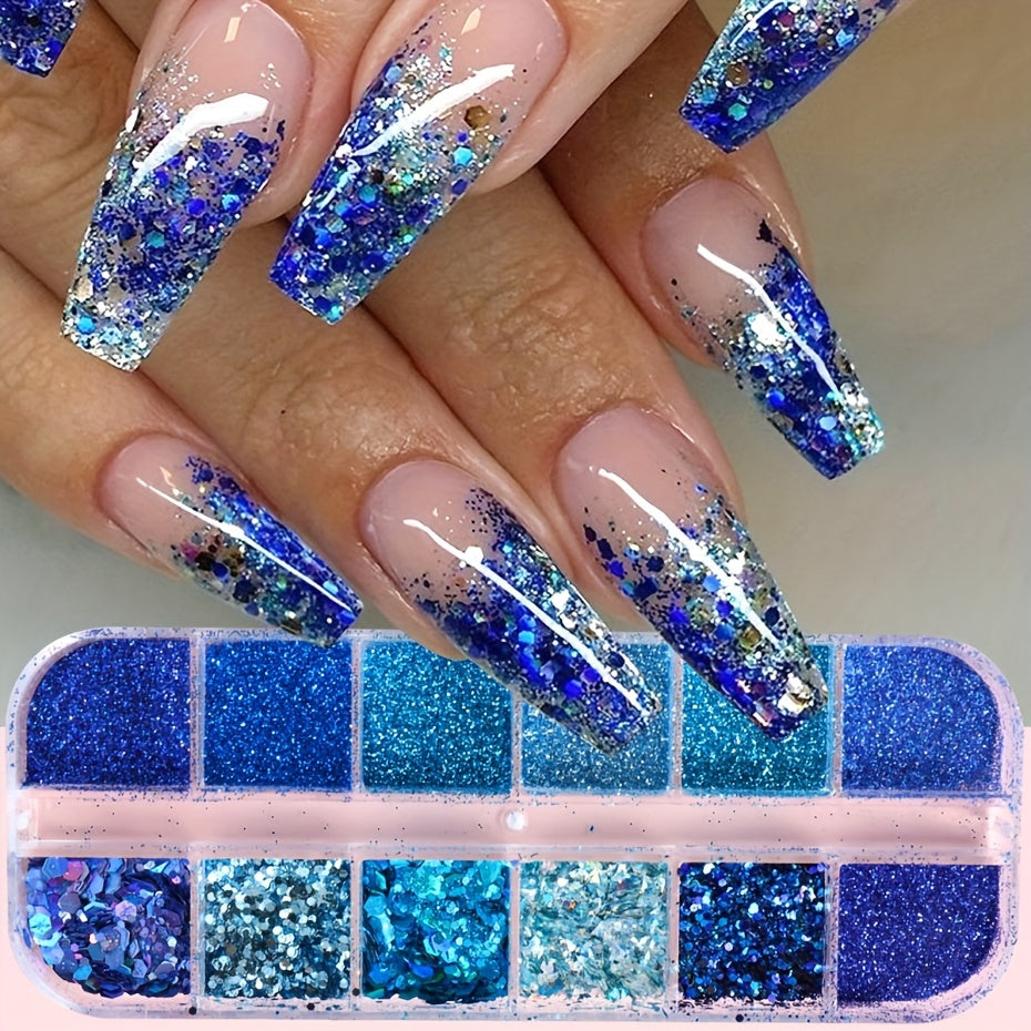 FULL BEAUTY Sparkly Blue Nail Glitter Set: 12 Grids of Shimmering Blue Sequins, Diamond Chrome, Fine Powder, Dust, Chunky Flakes, and Paillettes for DIY Manicure Decoration